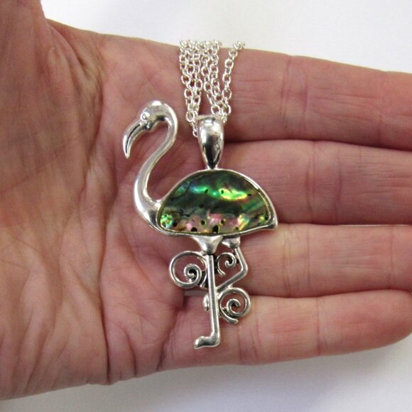Silver Plated Abalone Shell Flamingo Charm Necklace Pendant - Picture 5 of 6